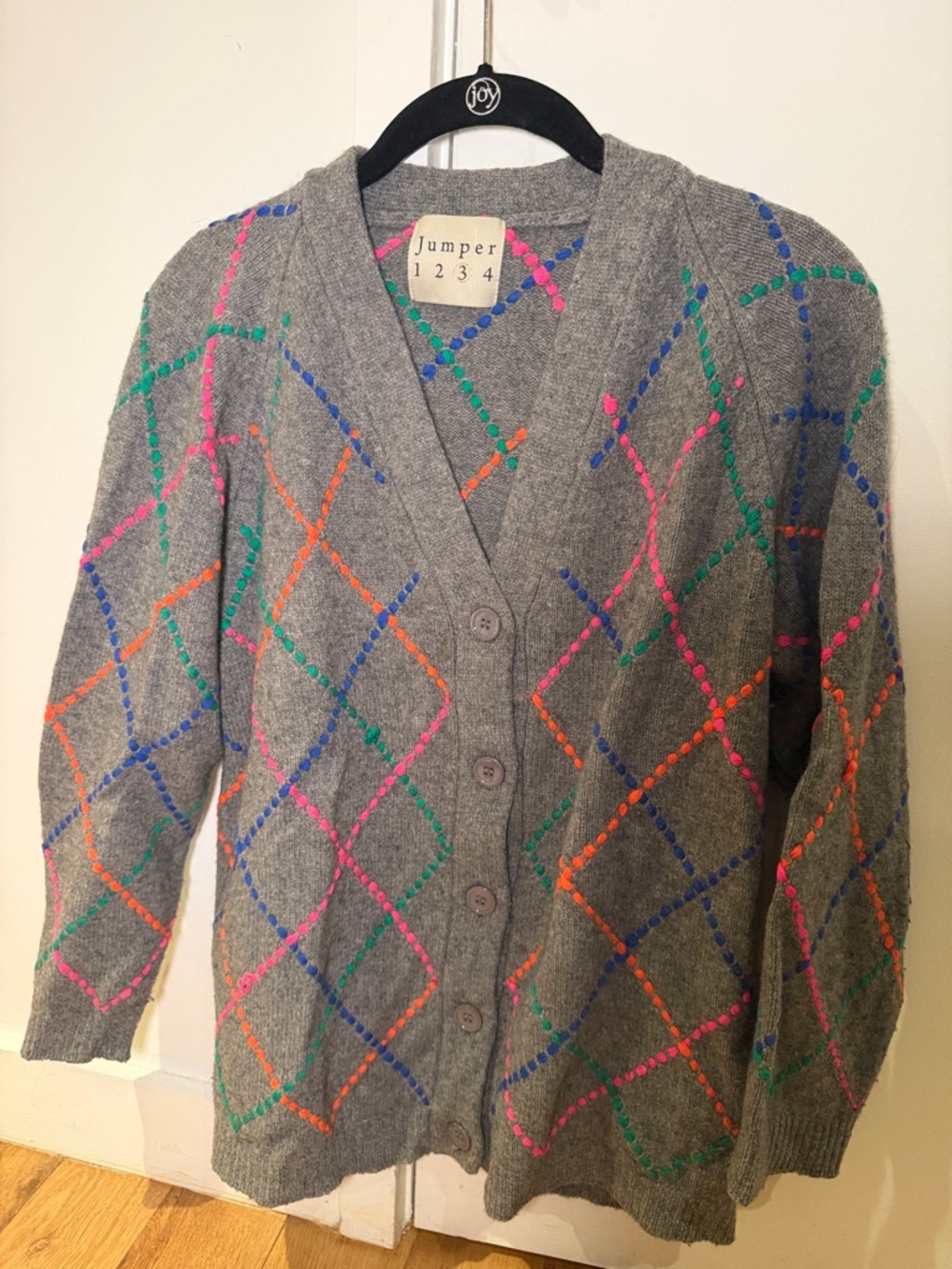 Jumper 1234 Gray Argyle Button-Front Cardigan with Neon Stitching- Size 3